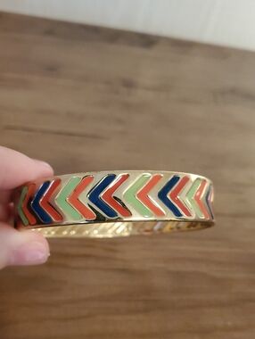 Gold-Tone Chevron Enamel Bangle Bracelet in Navy, Coral & Mint - Unbranded